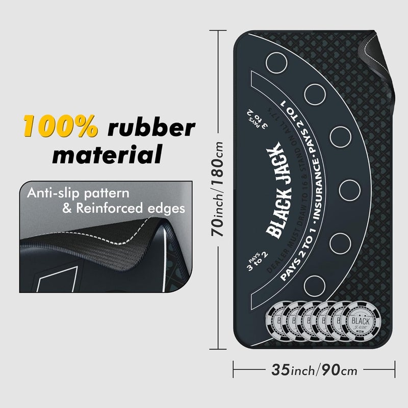 iEsstros Blackjack Mat 70" x 35" Blackjack Table Top Mat 21 Black Jack Mat for Casino Table Rubber Poker Mat with Storage Bag 6 Coasters for Casino Games - Image 3